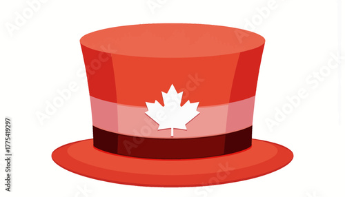 Illustration of a vibrant red and white top hat featuring a bold maple leaf as the central design, symbolizing national pride and cultural identity in a straightforward style