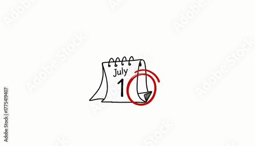 Illustration of a Calendar Page Highlighting First Day of July with Red Circle Emphasizing Date, Symbolizing Importance or Reminder