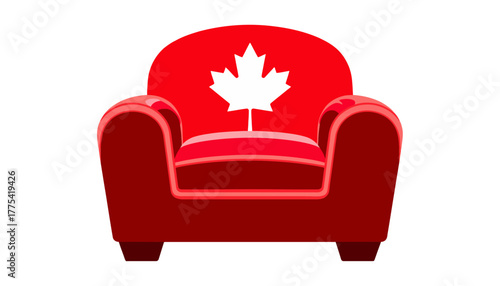 Red Armchair Featuring a Stylized Canadian Maple Leaf Emblem on the Backrest Symbolizing Comfort, National Pride, and Stylish Home Furnishing Aesthetic