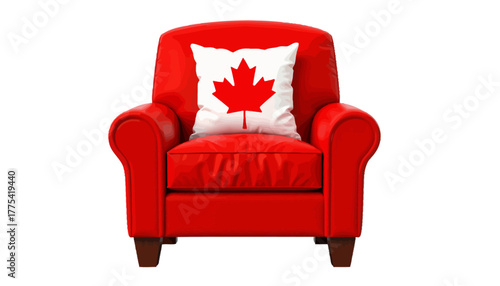 Red Armchair with Canadian Maple Leaf Pillow Symbolizing Comfort and National Pride in Elegant Interior Design Setting
