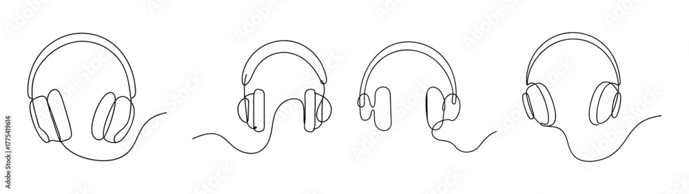 Obraz premium Four detailed line art sketch drawings of modern over ear headphones