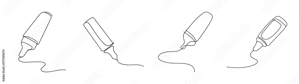 Fototapeta premium Set of four hand-drawn highlighter pens in different poses creating lines