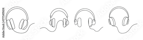 Four detailed line art sketch drawings of modern over ear headphones
