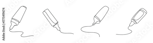 Set of four hand-drawn highlighter pens in different poses creating lines