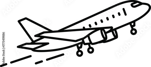 Airplane takeoff icon, flight motion vector, travel symbol, aviation concept, black and white design, cad drawing flat vector illustration