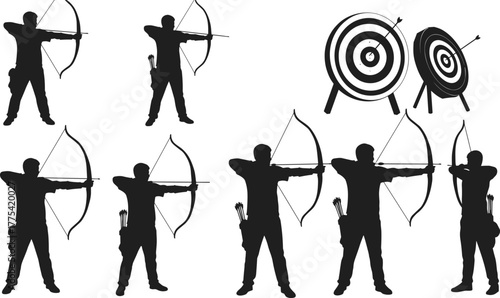 Archery silhouettes, bow and arrow poses, target practice, sports training, competitive shooting, athlete stances, bullseye aim, vector illustration for stock content