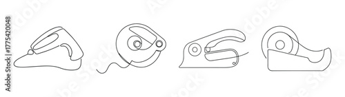 Set of stylized line art icons depicting vintage label maker machines in use