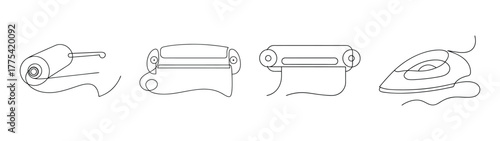 Set of line art diagrams showing a laminating machine and process elements