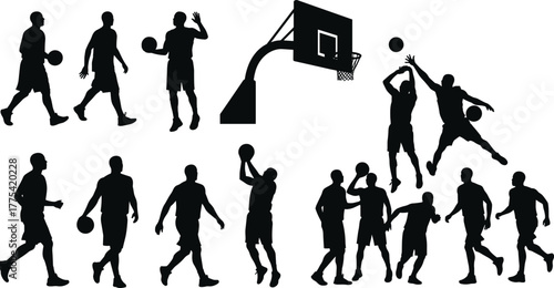 Basketball player silhouettes, athletes in action, dribbling, shooting, passing, dunking,