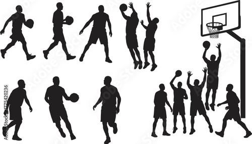 Basketball silhouettes, player action poses, dribbling, shooting, dunking, defending, hoop scenes, sports motion, athletic movements, vector illustration for stock content