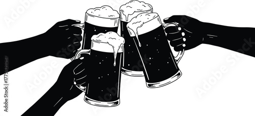 Beer mugs clinking, hands holding glasses, celebration toast, party drinking icon, social gathering, friendship cheers, pub culture, black and white vector illustration