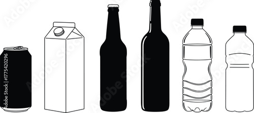 Beverage container icons, drink packaging set, soda can, juice carton, beer bottle, wine bottle, plastic water bottle, soft drink vector illustration