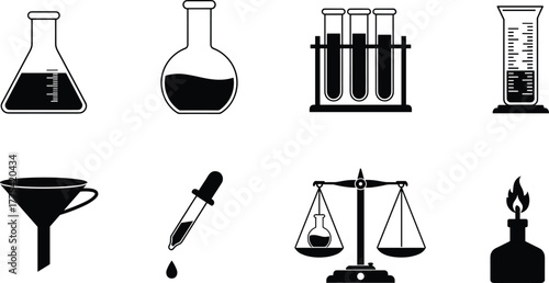 Black and white laboratory equipment icons, chemistry tools vector set, science experiment symbols, educational lab illustration, minimal scientific instrument design