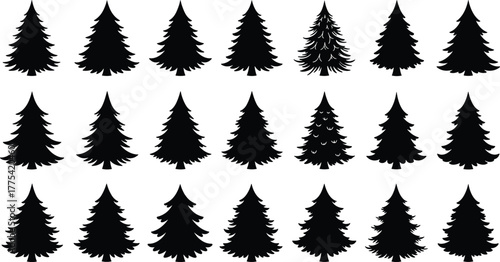 Black pine tree silhouette set, forest evergreen vector icons, conifer shapes for nature design, isolated fir collection, woodland graphic elements