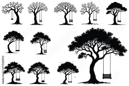 Collection of black tree silhouettes with swings black and white