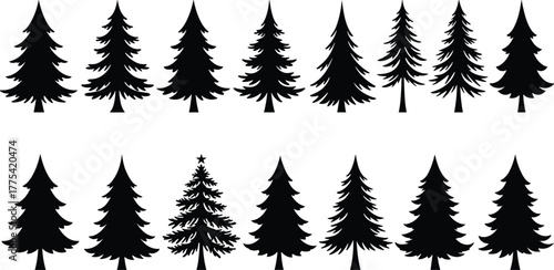 Black pine tree silhouette set, Christmas tree icon, evergreen forest elements, conifer shapes collection, isolated vector trees for design, decoration, print