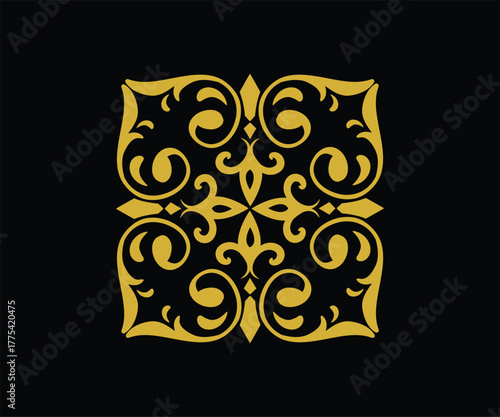 Elegant golden ornate square pattern on black background