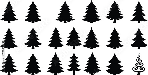 Black pine tree silhouette set, stylized evergreen icons, symmetrical forest shapes, vector conifer collection for nature design, graphic elements, stock illustration