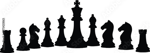 Chess pieces silhouette vector, black icons on white background, symmetrical formation, king queen rook bishop knight pawn, strategy game concept illustration