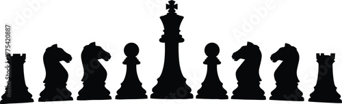 Chess pieces silhouette, symmetrical arrangement, strategic game concept, black icons on white background, king in center, abstract logic, minimalist vector illustration