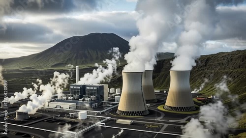 Wallpaper Mural Aerial view of power plant, with cooling towers emitting steam, set against a mountain backdrop Torontodigital.ca