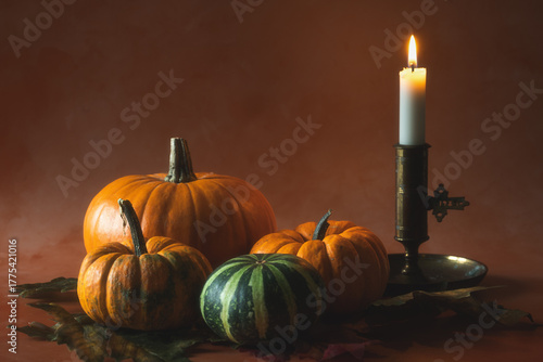 Pumpkins with lit candle