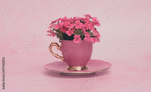 Pink flowers in a pink cup.