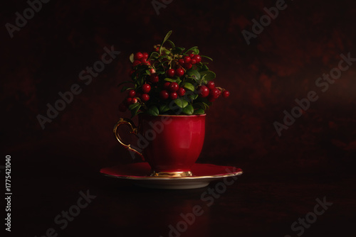Lingonberries in a red cup.