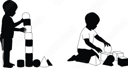 Children playing with geometric blocks, silhouette kids learning shapes, early childhood development, spatial reasoning activity, educational vector illustration for preschool content