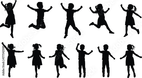 Children silhouettes jumping, boys and girls celebrating, joyful kids in motion, playful childhood energy, active lifestyle, fun group activity, dynamic happiness illustration