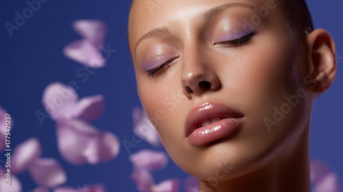 Serene Radiance: A tranquil portrait of a woman with closed eyes, petal dancing delicately, evoking a sense of peaceful elegance and inner harmony.