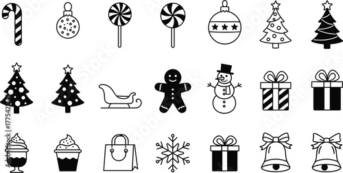Christmas icons set, black and white holiday symbols, festive vector elements, winter celebration graphics, seasonal decorations, minimalist style, monochrome illustration pack