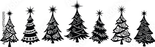 Christmas tree silhouette set, festive holiday vector, reindeer and gift box design, black graphic illustration, winter celebration clipart, ornament decoration