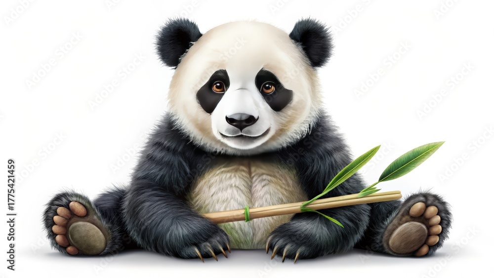 Naklejka premium A Smiling Panda Sitting With Bamboo Isolated On White