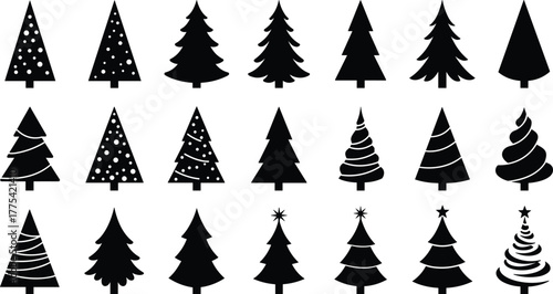 Christmas tree silhouette vector illustration, holiday tree collection, festive decoration, seasonal design, winter celebration, black silhouette, holiday decoration, festive elements, pine and fir