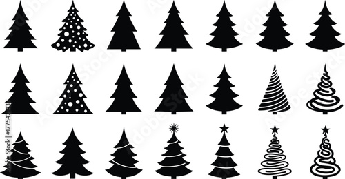 Christmas tree silhouette vector illustration, holiday tree collection, festive decoration, seasonal design, winter celebration, black silhouette, holiday decoration, festive elements, pine and fir
