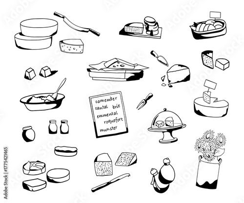 Original hand-drawn outline black and white vector illustration of assorted cheese types