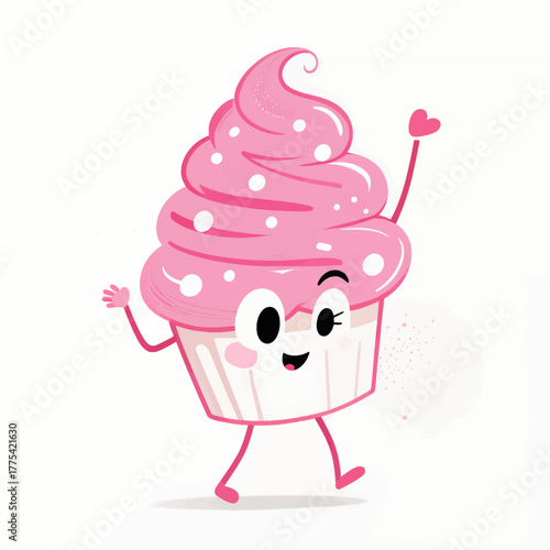 Cute winking cupcake waving and holding heart, flat vector isolated
