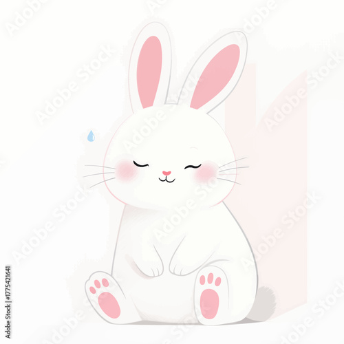 Cute white rabbit, flat vector illustration, blushing shy, isolated