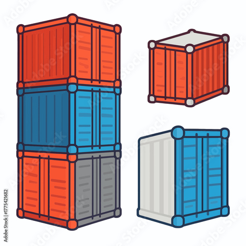 Flat minimal colorful shipping containers stacked and isolated