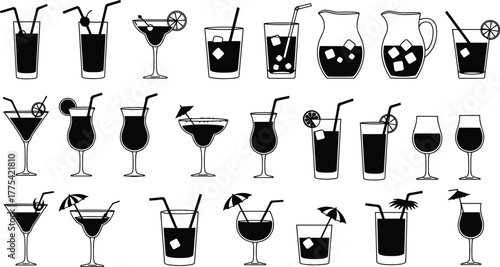 Cocktail drink icons, black and white beverage vector set, minimal bar glass silhouettes, alcohol and mocktail symbols for menu, app, branding design