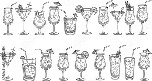 Cocktail and drink illustrations, hand‑drawn sketch style, martini glass, highball, tropical cocktails, citrus garnish, bar menu design, mixology elements, vintage vector set