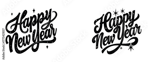 Silhouette Style Happy New Year Typography Pair with Cursive Swirls and Festive Stars.