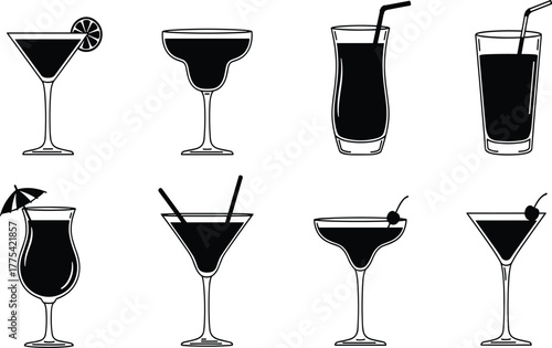 Cocktail glasses icons, martini, coupe, highball, hurricane, mixed drinks, citrus garnish, umbrella decoration, barware collection, alcoholic beverages, party celebration vector set