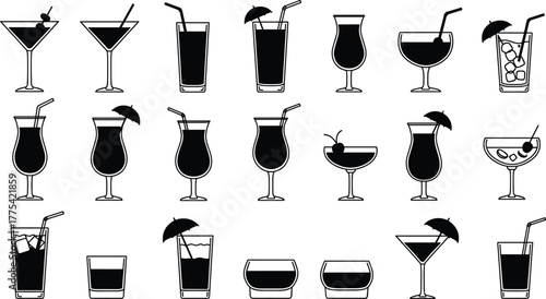 Cocktail glass icons, vector drinkware collection, martini, highball, coupe, hurricane, shot glasses, black and white bar symbols, mixology illustration set