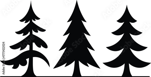 Conifer tree silhouette vector illustration, pine forest row, evergreen woodland landscape, black silhouette, nature design, outdoor decoration, fir tree collection, plant elements