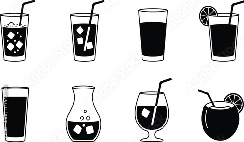 Drink container icons, beverage glass set, cocktail illustration, soda cup, juice glass, coconut drink, carafe, iced drink, refreshing summer beverage vector