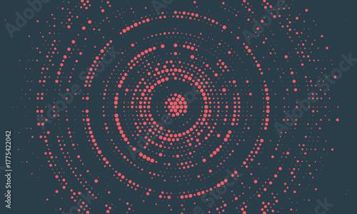 Circular Halftone Pattern Concentric Circles Frame Vector Red Black Colour Abstract Background. Mod Minimalist Art Half Tone Graphics Rippled Structure. Retro Futurism Technology Art Illustration