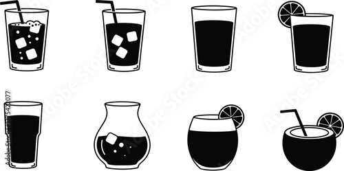 Drink glass icons, beverage container set, cocktail illustration, soda glass, juice cup, coconut drink, citrus garnish, iced refreshment, summer party vector