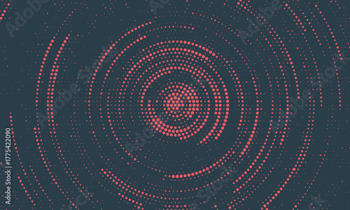 Circular Halftone Pattern Concentric Circles Frame Vector Red Black Colour Abstract Background. Mod Minimalist Art Half Tone Graphics Rippled Structure. Retro Futurism Technology Art Illustration